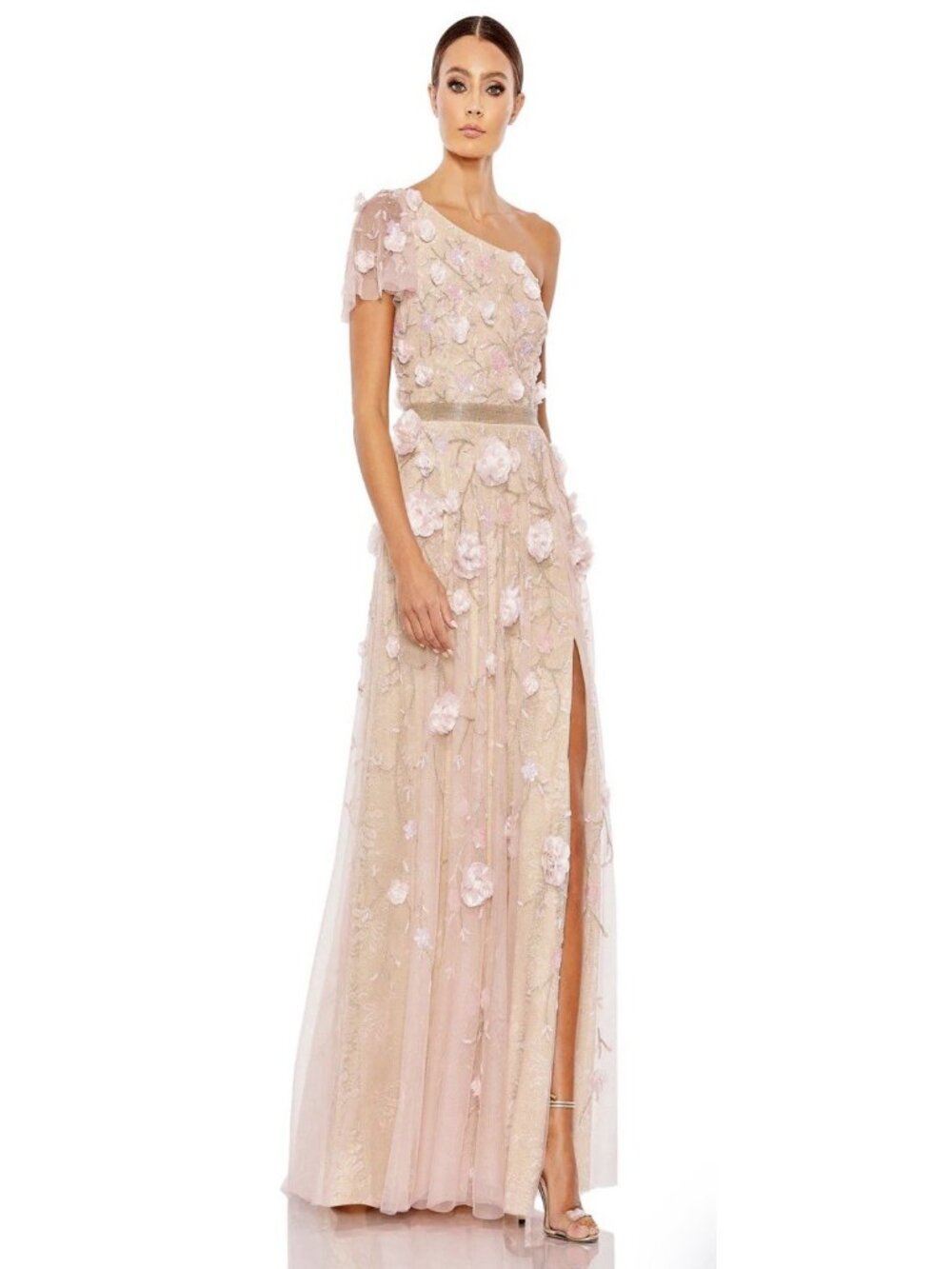 Mac Duggal Dress Womens Size 10 Pink Embellished‎ One Shoulder Floral 9165 $998